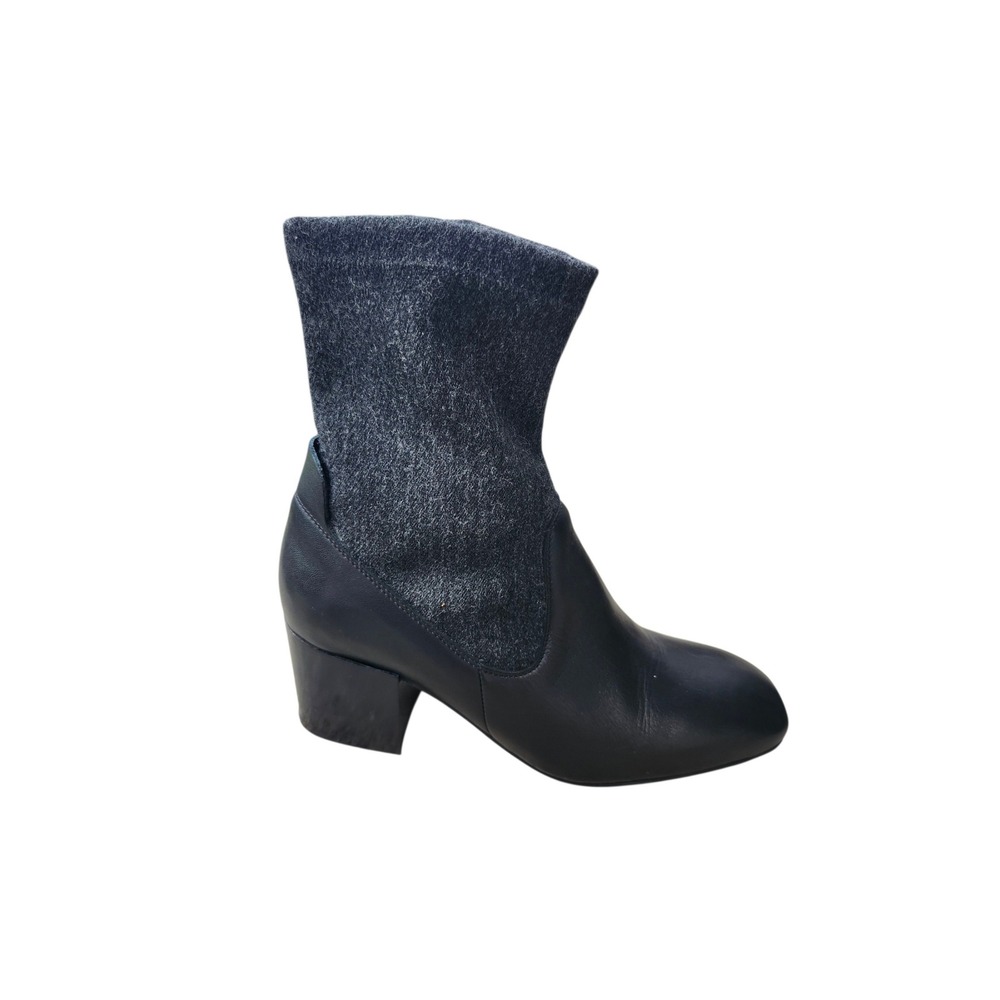 Aquatalia Leather Wool Ankle Boots Womens 5.5 Black Grey Block Heel Italy